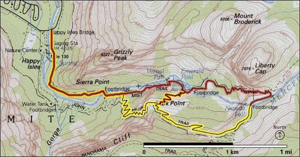 Die Wege zum Vernall Fall und zum Nevada Fall - braun: Mist Trail, gelb: John Muir Trail.