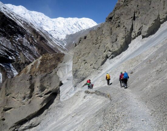 Der Pfad ist mit Zweigen stabilisiert.