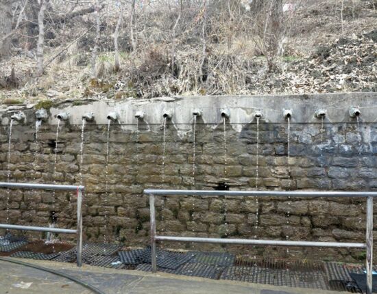 108 Wasserspeier sind im Halbkreis angeordnet.