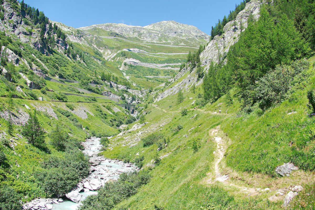 Rhoneschlucht, Dampbahn-Strecke, Furkastraße und im Hintergrund die Grimselstraße.
