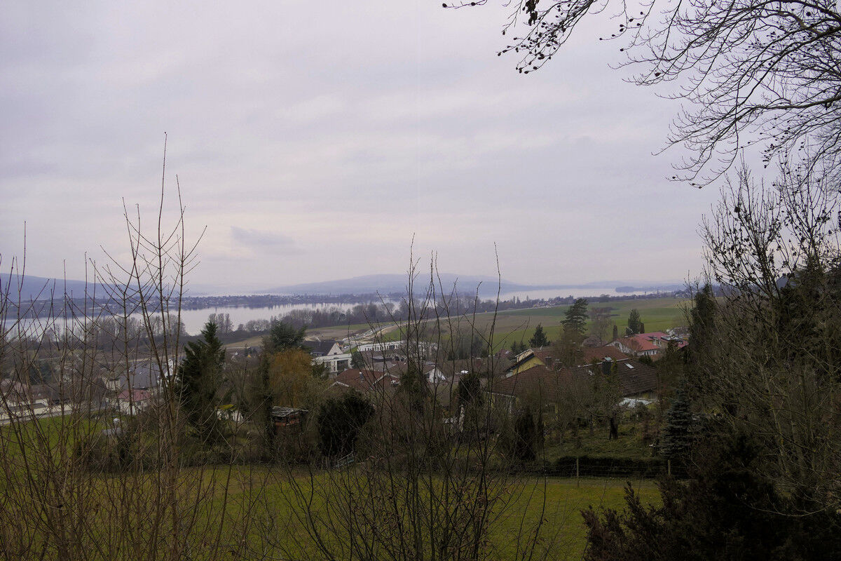 Aussichtspunkt Hochfirst: Blick über den Untersee, in der Bildmitte der Schienerberg, rechts die Mettnauspitze.
