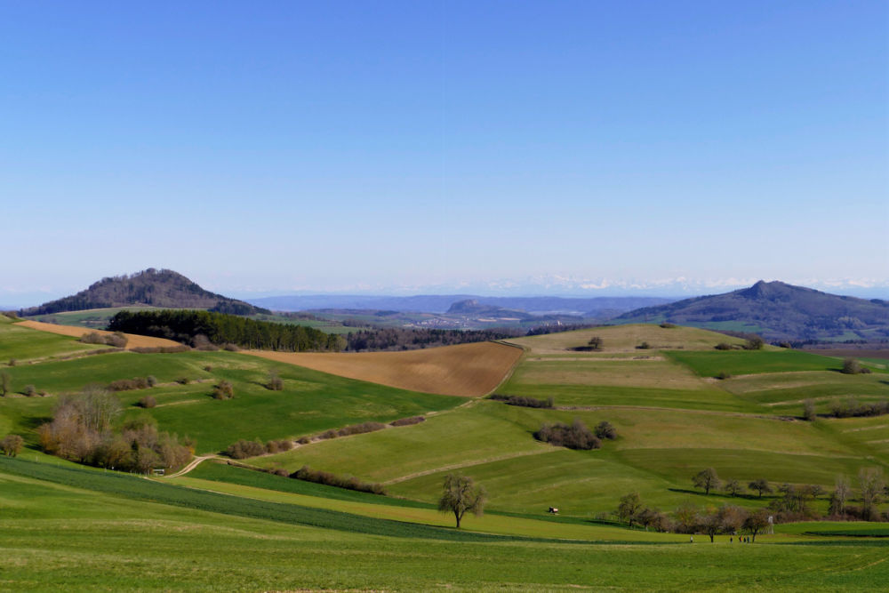 Hohenhewen, Hohentwiel, Hohenstoffeln und im Hintergrund die Alpenkette.